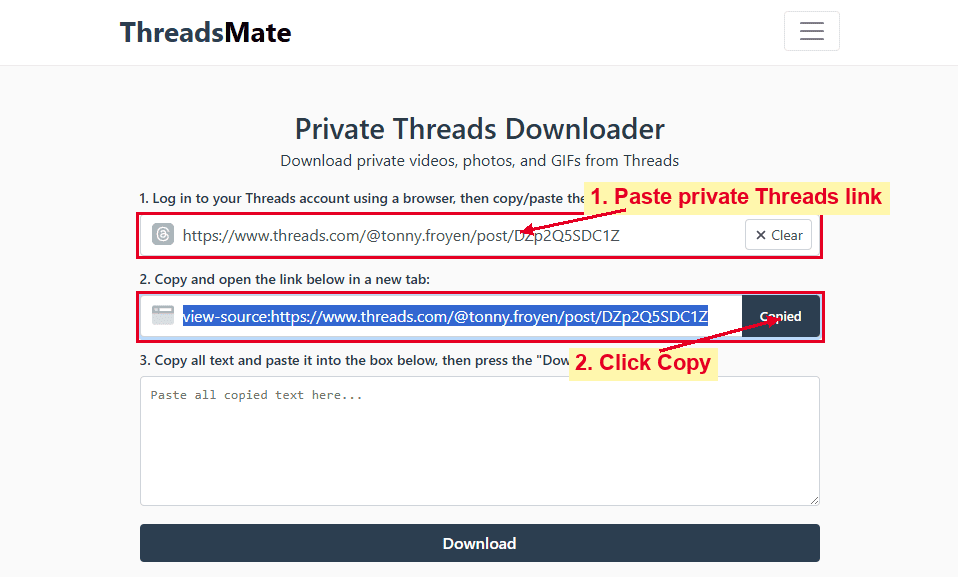 Create and copy private Threads page source link