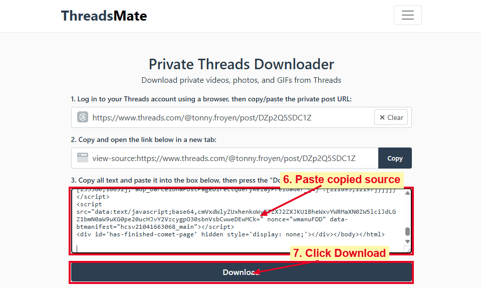 Paste source code and download private Threads media